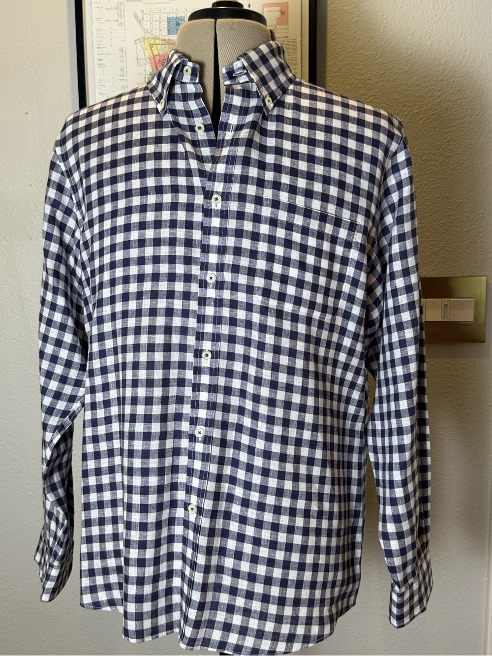 Brooks Brothers Irish Linen Navy and White Gingham Button-Down Shirt SS/2025